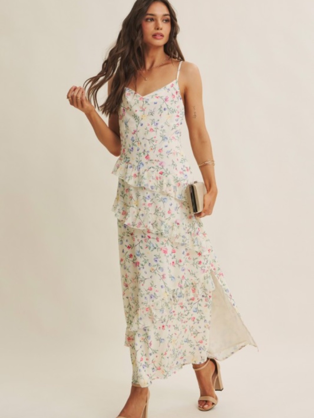 Floral Fantasy Asymmetrical Ruffled Maxi Dress Small - Picture 3 of 8
